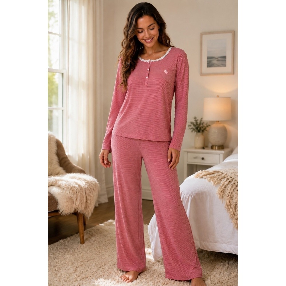 Lauren Ralph Lauren Red White Striped Pajama Set Women Size L Long Sleeve Lounge
